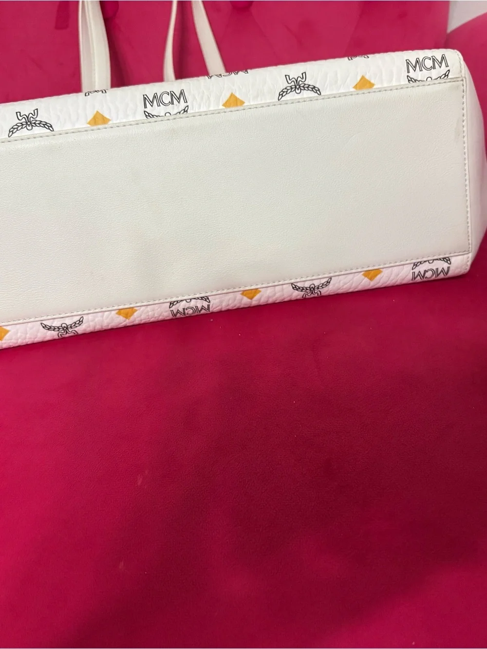 MCM White Tote with Multicolor Logo Diamonds